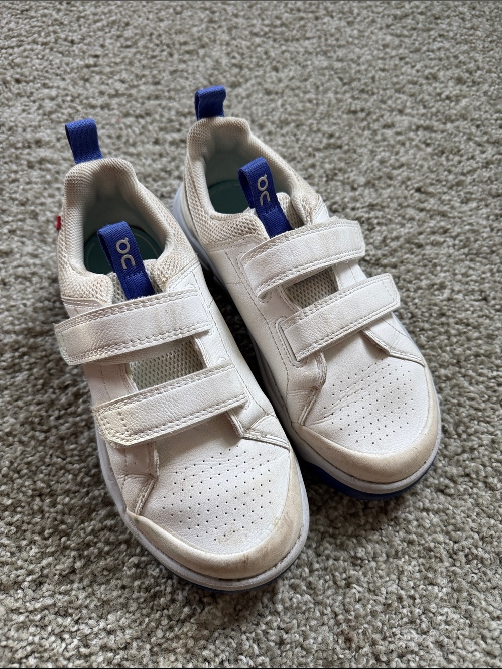 On Running Kids White Sneakers with Blue Pull Tabs